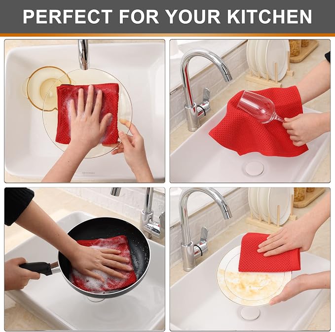 Kitinjoy 100% Cotton Kitchen Dish Cloths, 6 Pack Waffle Weave Ultra Soft Absorbent Dish Towels for Drying Dishes Quick Drying Kitchen Towels Dish Rags, 12 X 12 Inches, Red | Ultra Absorbent, Super Soft, lightweight, Quick Drying Dish Rags for Washing D...