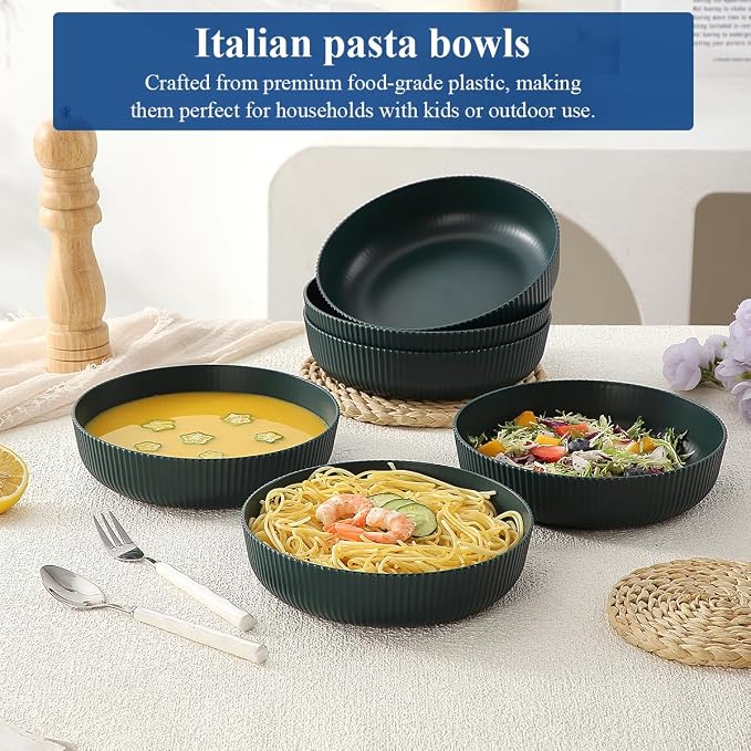 HOMQUEN Pasta Bowls Set of 6, 37oz Salad Bowls Green Soup Bowls, Large Pasta Serving Bowls, Unbreakable Plastic Dinner Bowls, Dinnerware Sets,Valentines Day Gift, Dishwasher Safe (Green)