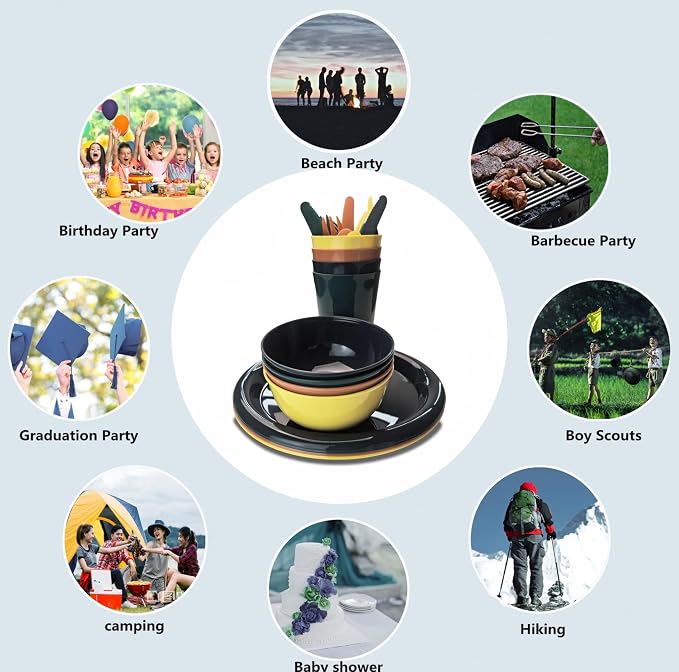 Plastic Plates and Bowls Sets Dinnerware Set Dishes Set for 4,College Dorm Room Essentials,Camping Plates and Bowls with Tumbler,Knives,Forks and Spoons,Mess Kit,Microwave Safe,BPA Free-Multicolor