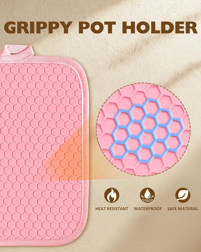 100% Cotton Pot Holders Textured Soft Silicone Pink Stripe | Stylish Pot Holders 2pcs, Machine Washable Non-Slip Heat Resistant Hot Pads & Oven Mitts 2-in-1, Practical Kitchen Decor