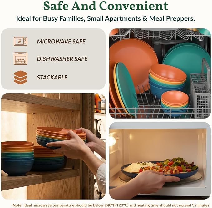 40-Piece Unbreakable Wheat Straw Dinnerwave Sets Plates and Bowls Sets for Kitchen, RV, Dorm, Lightweight Camping Dishes Set, Service for 8, Microwave and Dishwasher Safe Dish Sets (Multi)