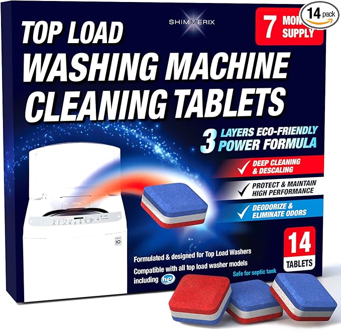 Washing Machine Cleaner Tablets, 14 Pack for HE Top Load, Eco-Friendly Tabs | Washer Machine Cleaning Tablets, 3 Layers, Septic Safe, Wash Machine Full Deodorizer, Descaler, Protector, 1 Plus Year Supply