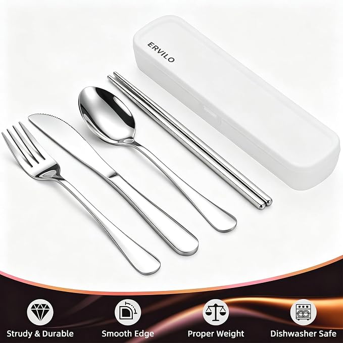 Travel Utensils with Case, Stainless Steel Portable Cutlery Set, Lunch Box Silverware for Work Camping Picnic, Reinforced Case with Snap-Lock Closure, Include Fork Spoon Knife Chopsticks, Silver