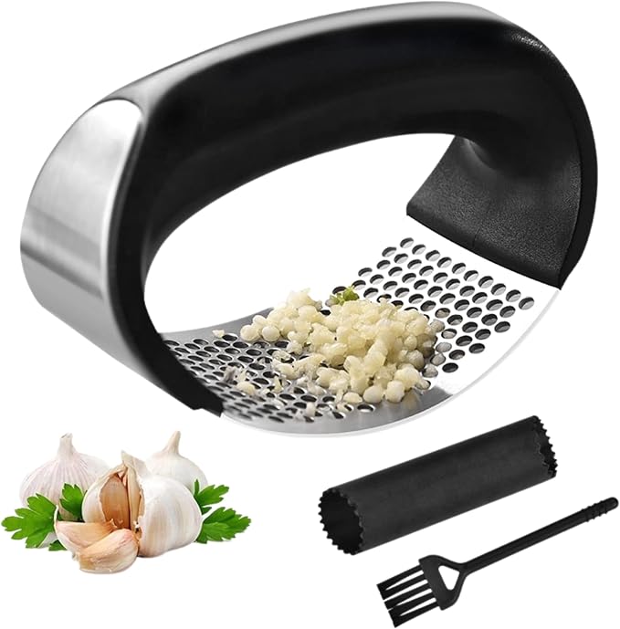 Garlic Press - Dishwasher Steel Safe Garlic Mincer Crusher with Peeler, Brush