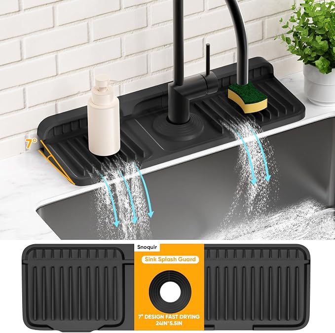 14.6 inch Faucet Mat for Kitchen Sink Splash Guard[7° Slope Fast Self-draining][Snap Lock Fit]Kitchen Sink Faucet Mat Splash Guard Kitchen Sink Area Water Splash Guard Behind Faucet Draining Mat