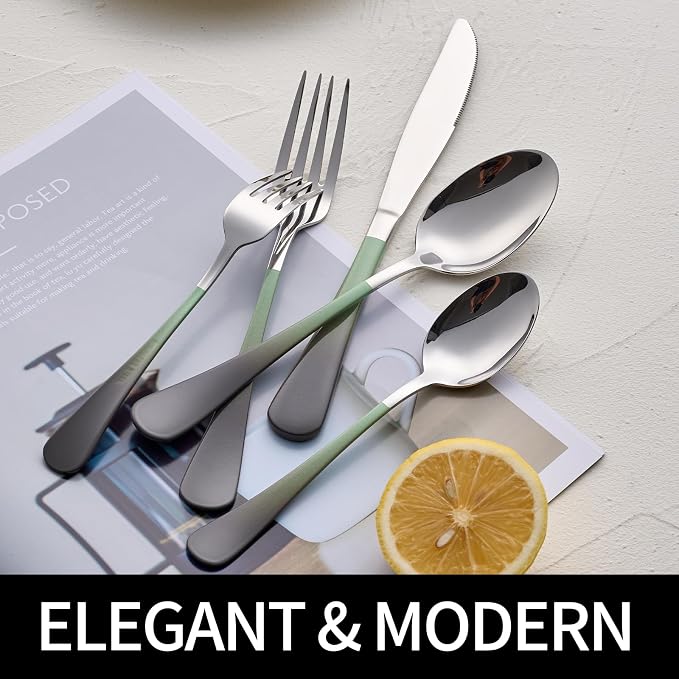 20-Pieces Color Silverware Sets for 4,Green and gray Handle Stainless Steel Cutlery Set, Include Forks Spoons and Knives Set, Dishwasher Safe Utensil Sets for Home Restaurant