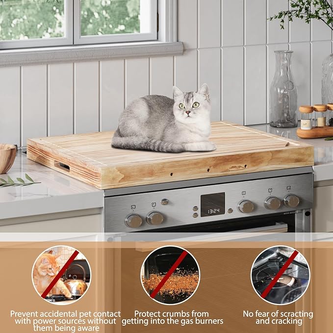 Wooden Stove Top Covers for Gas Burner and Electric Stove, Glass Cooktop Protector, Wood Noodle Board Stovetop Cover With Handles, Rustic