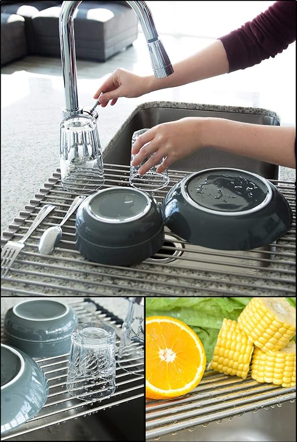 Tomorotec 17.7" x 15.5" Roll Up Dish Drying Rack Over Sink Drying Rack Sink Cover Kitchen Sink Accessories Gadget Multipurpose Organizer Foldable Stainless Steel Drainer (Grey) | Anti-Slip Silicone Rims For Grip, Heat-Resistant Trivet Mat Holding Heavy...