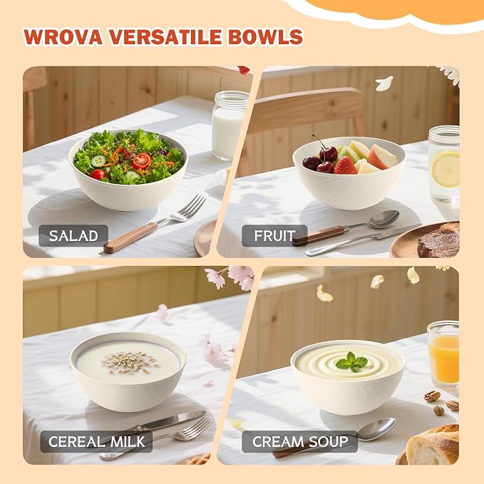 Wheat Straw Bowls with Lids Set of 4, Unbreakable Cereal Bowls 40oz, Microwavable Salad Container for Lunch Alternative to Plastic Bowl, Dishwasher Safe Bowl for Kitchen & Outdoor-Beige