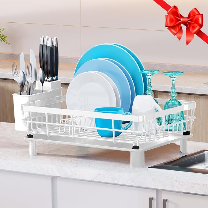 MOUKABAL Dish Drying Rack with Drainboard for Kitchen Counter, White | 13×17 Large Capacity/Rustproof Stainless Steel/Fast Drainage Dish Drainer/Removable Utensil Holder/Kitchen Counter Organizer