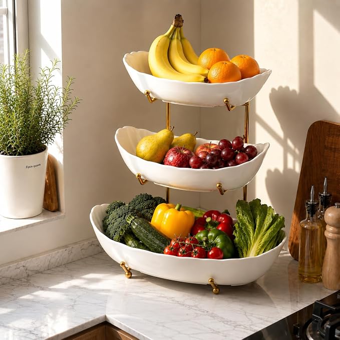 HBlife Large Fruit Bowl for Kitchen Counter - 3 Tier Fruit Basket with Gold Metal Stand, Ceramic Fruit Holder, Tiered Serving Trays for Party