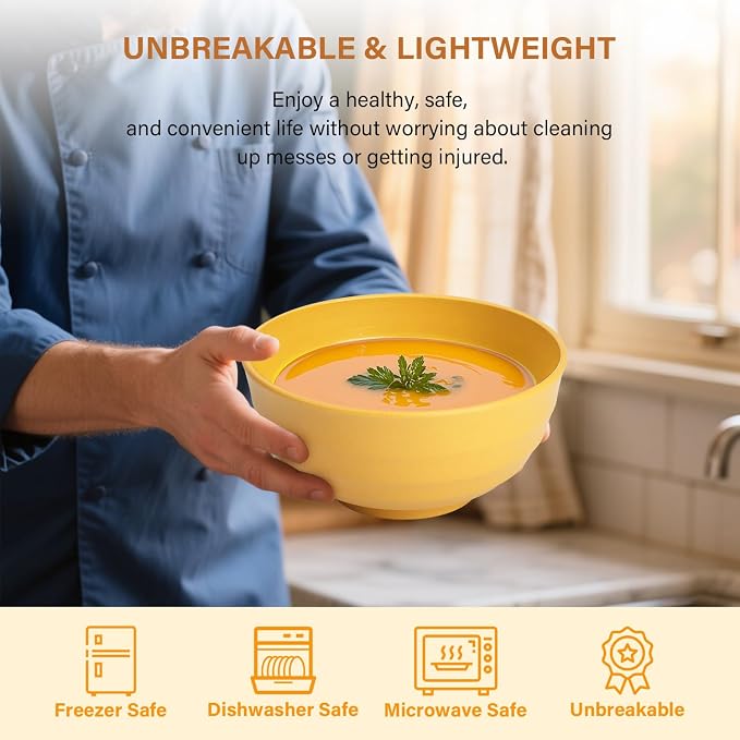Sunshine Yellow Bowl Set of 8, 60 Oz Large Wheat Straw Bowls, Unbreakable Big Salad & Soup Bowls, Microwave Safe for Easter, Picnic, Kids Party & Family Meals