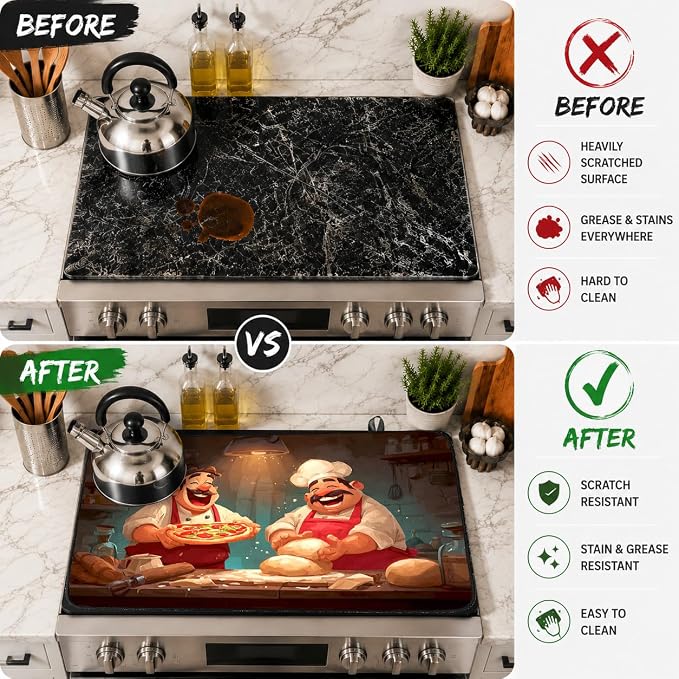 Electric Stove Top Cover for Glass Top, Funny Chef Pie Decor – Heat Resistant Flat Stove Top Covers, Decorative Scratch Protector Mat for Glass Ceramic Cooktop, Non-Slip, 28"x20"