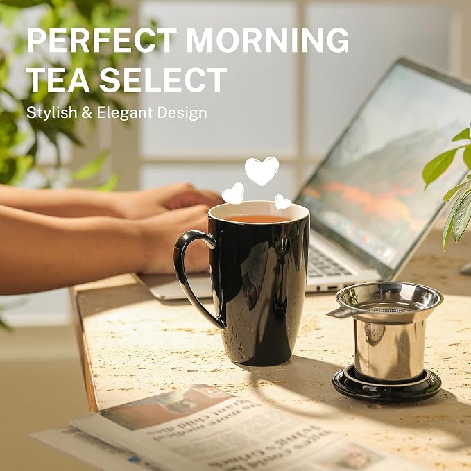 Sweese 15 OZ Porcelain Tea Mug with Infuser and Lid, Loose Leaf Tea Cup, Gifts for Tea Lover, Black