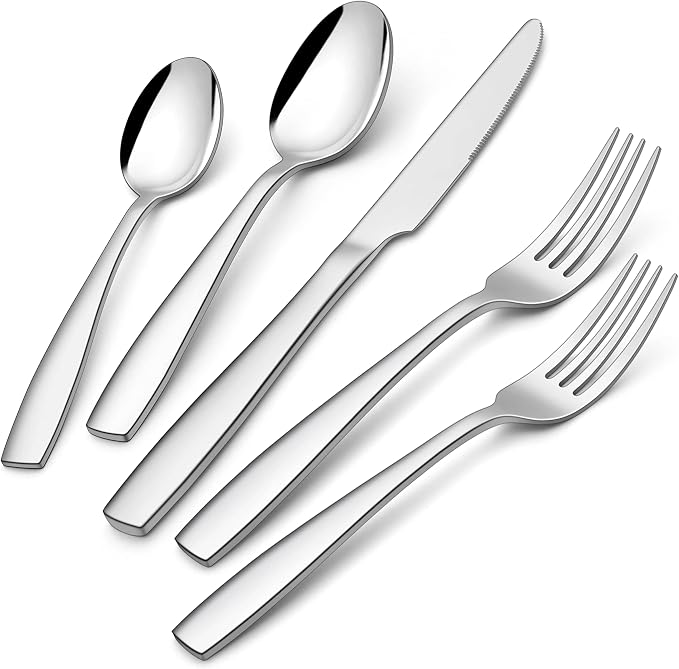 E-far 40 Pcs Heavy Duty Silverware Set for 8, Stainless Steel Flatware Set | Thick Metal Tableware Eating Utensils Include Forks Spoons Knives, Square Edge & Mirror Polished Cutlery, Dishwasher Safe
