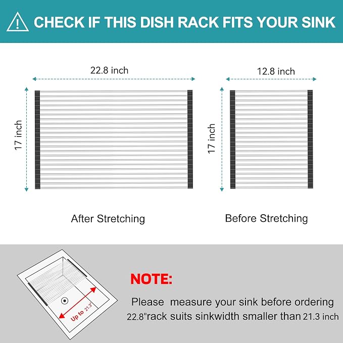 BBXTYLY Extra Large Expandable Roll Up Dish Drying Rack,Over The Sink Drying Rack Sink Cover Kitchen Sink Accessories Kitchen Rolling up Stainless Steel Drainer, Foldable,Rollable（Black，22.8''-17.3''）