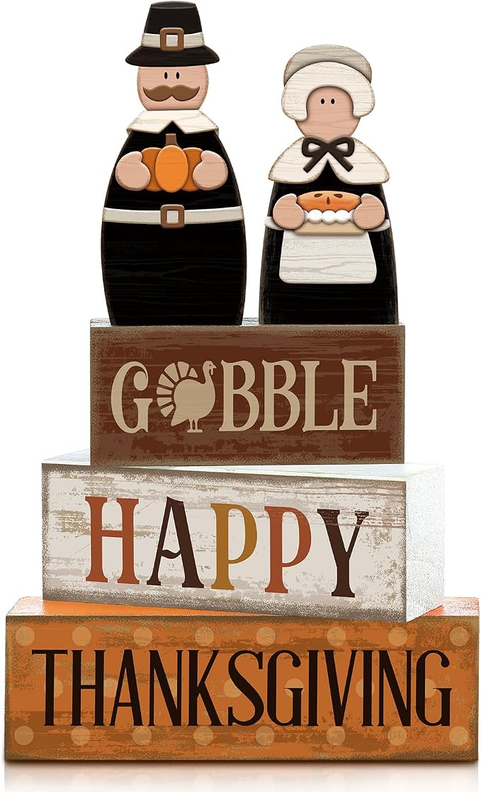 Lineshading 4 Pcs Thanksgiving Pilgrim Decor Wooden Block Signs Tray Set | Rustic Couple Figurines with Gobble Happy Signs, Farmhouse Centerpiece for Kitchen Table, Fall Tiered Display