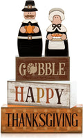 Lineshading 4 Pcs Thanksgiving Pilgrim Decor Wooden Block Signs Tray Set | Rustic Couple Figurines with Gobble Happy Signs, Farmhouse Centerpiece for Kitchen Table, Fall Tiered Display
