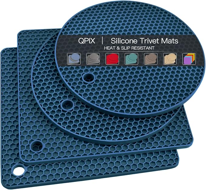 Silicone Trivets for Hot Dishes, 4 PCS Multipurpose Heat Resistant Mat Thick Silicone Hot Pads Pot Holders for Kitchen Counter, Flexible Jar Opener Food Grade Spoon Holder, Indigo Coasters
