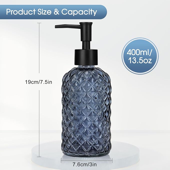 Topsky Gem Glass Soap Dispenser with Black Plastic Pump, 13oz Liquid Hand Soap Dispenser, Rustproof Pump for Kitchen & Bathroom, Great for Lotions, Essential Oil, Liquid Soaps-Grayish Blue