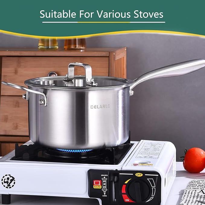 DELARLO Full-body Clad Tri-ply Stainless Steel 3.5 Quart Saucepan with Lid | Stainless Steel Pot Induction Cooking Sauce Pot Pan, Fast and Even Heat, Heavy Duty Saucier Cookware, PFOA&PTFE Free