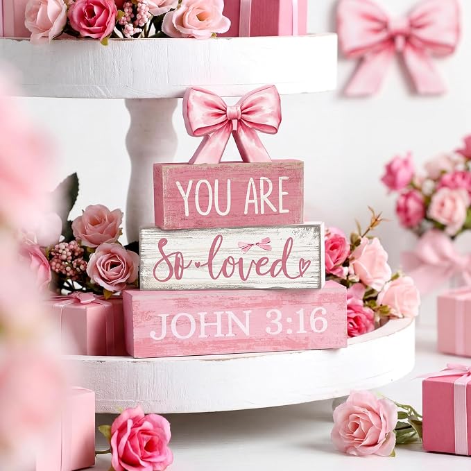 Lineshading 4 Pcs Pink Bow Decor Christian Table Decor Wooden Block Signs | Tiered Tray Filler, You Are So Loved John 3:16 Signs, Rustic Shelf Accent, Faith Gift for Girls, Tabletop Home Decorations