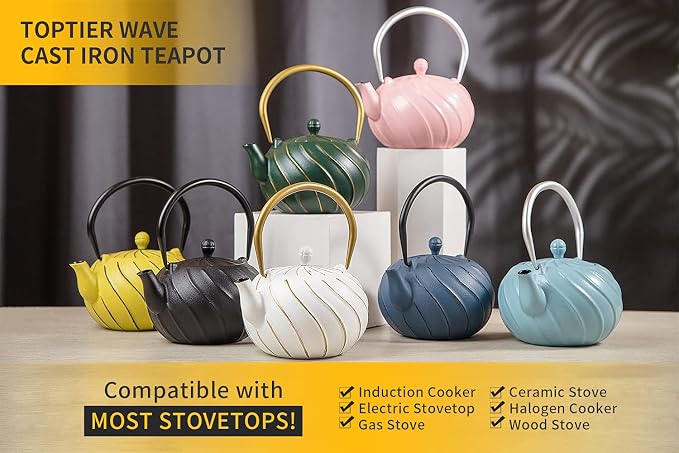 Tea Kettle, TOPTIER Japanese Cast Iron Teapot with Infuser, Cast Iron Tea Kettle Stovetop Safe, Wave Design Teapot Coated with Enameled Interior for 30 Ounce (900 ml), Midnight Black