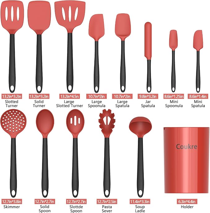 Coukre Silicone Kitchen Cooking Utensils Set, Heat Resistant, 14-Piece | Dishwasher-Safe, Food-Grade Silicone, BPA-Free, Spatulas, Spoons & Turner, Safe for Nonstick Cookware, Red