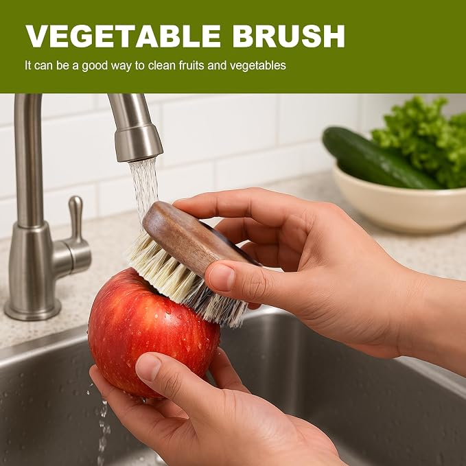 SAMEBUTECO Fruit & Vegetable Cleaning Brush with Acacia Wooden Handle, Dual Bristle Produce Scrubber with Sisal and Palm Fibers, Oval Easy-Grip Design, Single Brush with Box,Brown
