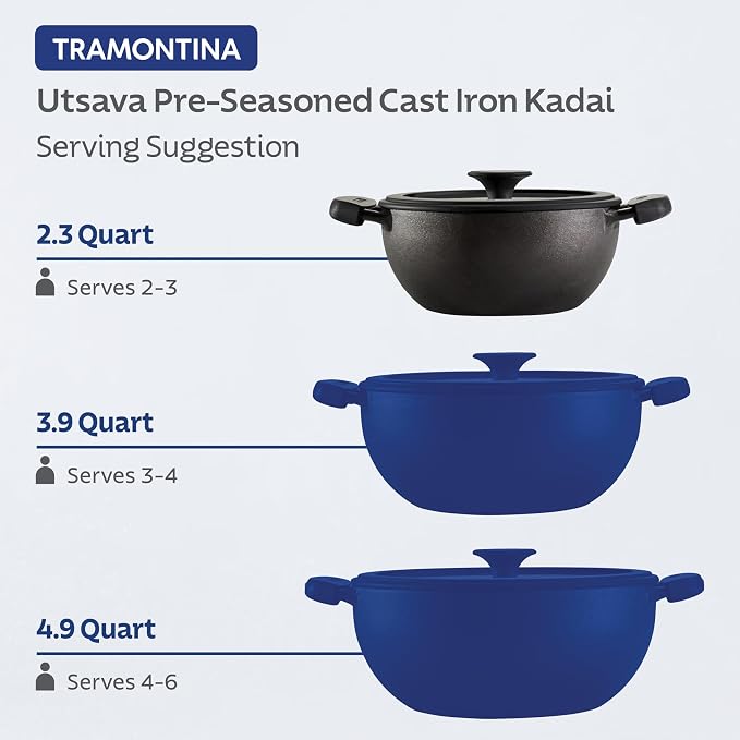 Tramontina Utsava Pre-Seasoned Cast Iron 2.3-Quart Kadai with Lid | Small Kadhai Pot for Indian Cooking