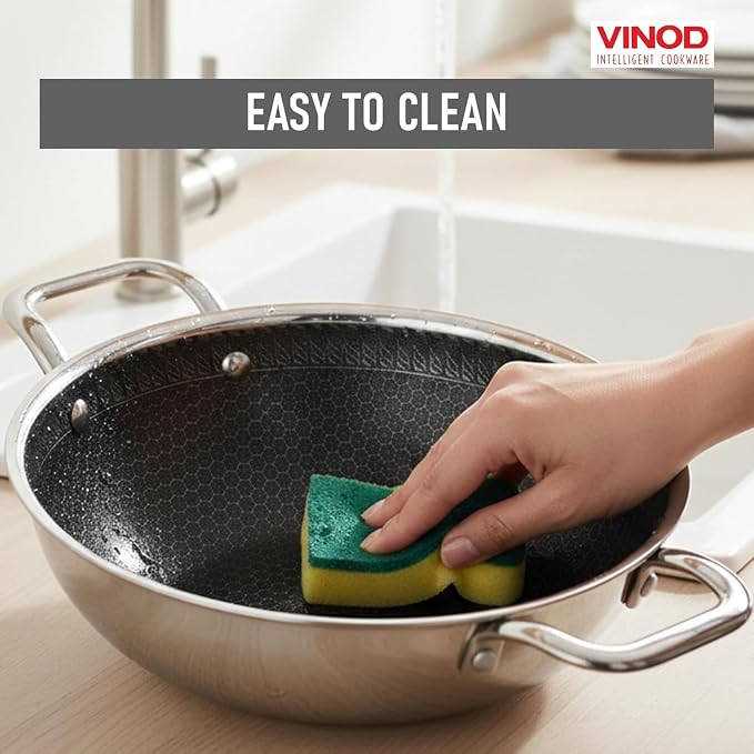 Vinod Nutri-Tech Triply Non Stick Kadai for Indian Cooking (20 cm Diameter | Scratch Resistant Kadhai for Deep Frying | Multipurpose Indian Cookware | Includes Lid
