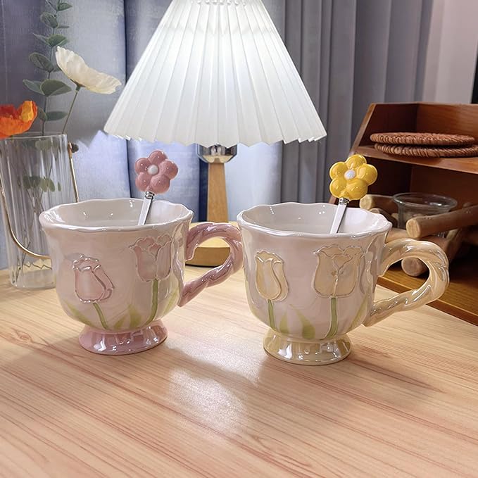 DTIUYIOP-Ceramic Coffee Mug 14oz/410ml Yellow Cute Flower with Spoon | novelty coffee mug, Tulip Shaped Floral,Girly Mug with Handle, Breakfast Milk Oatmeal Cup, cute mugs for women