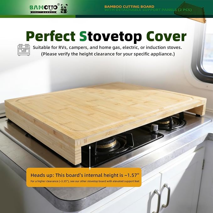 BAMOTTO CRAFTBAMBOO 19.7x22 Inch Large Bamboo Cutting Board Stovetop Cover | 2 Detachable Support Panels | Over Sink Board | Kitchen Countertop Dishwasher Cover | Reversible Juice Grooves | XXL Size