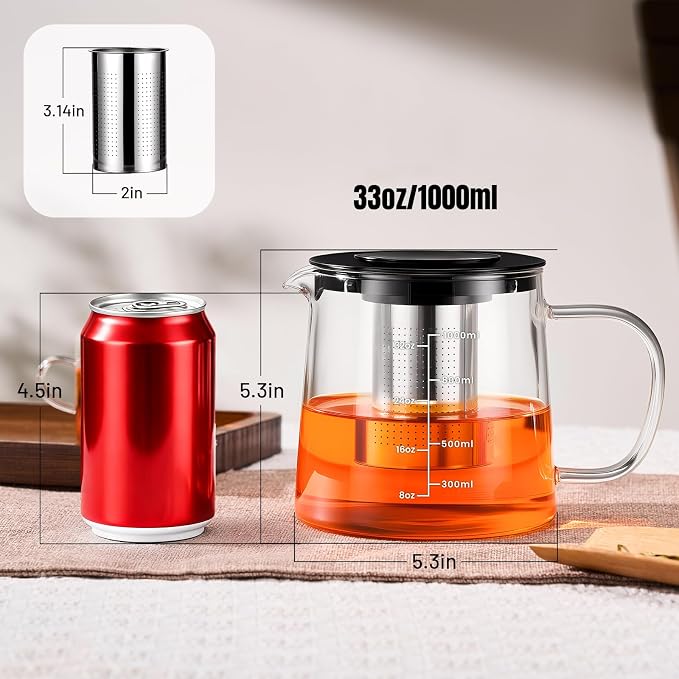 PARACITY Tea Pot with Infuser, Clear Stovetop Glass Tea Kettle with Scale | Borosilicate body and removable 18/8 stainless steel strainer support blooming and loose leaf brewing with measurements