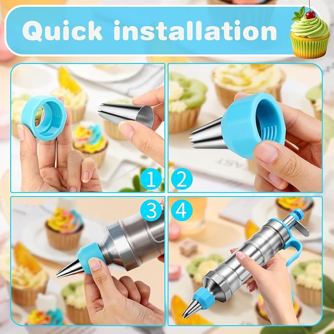 167-Piece Cake Decorating Kit, Icing Dispenser, 54 Tips, Light Blue | 100 Disposable Baking Cups, 10 Silicone Baking Cups, 2 Couplers, Instruction Manual, Stainless Steel Dispenser