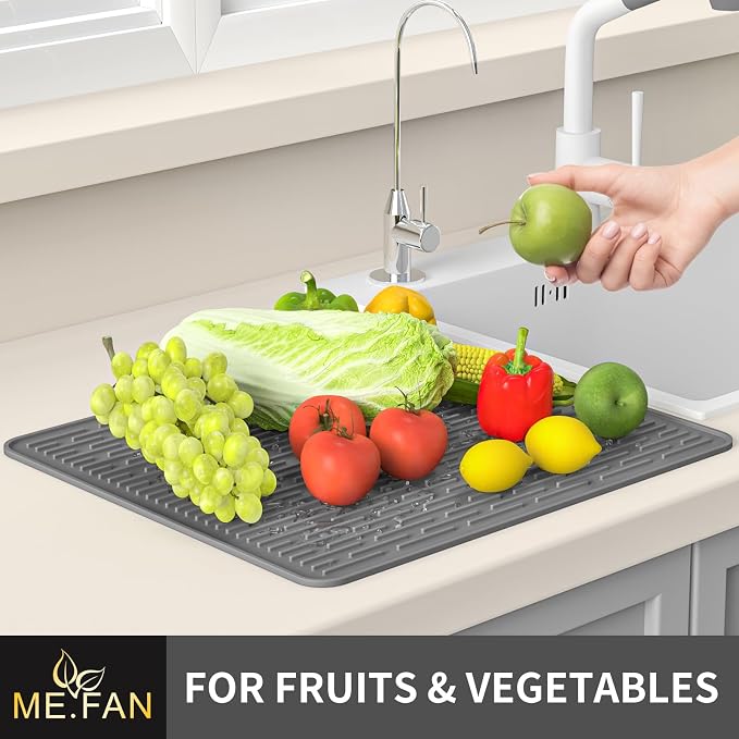 ME.FAN Silicone Dish Drying Mat for Kitchen Counter, Dish Drying Pad for Sink, Refrigerator or Drawer, Countertop Protection Pad M - 16''×12'' - Grey
