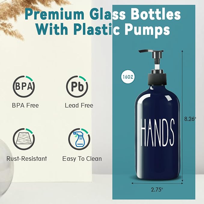 COHOSEGE Glass Soap Dispenser Set 2 Pack,16 Oz Dish Soap Dispenser for Kitchen Sink,Blue Kitchen Accessories and Kitchen Decor,Blue Decorations and Kitchen Utensils for Kitchen