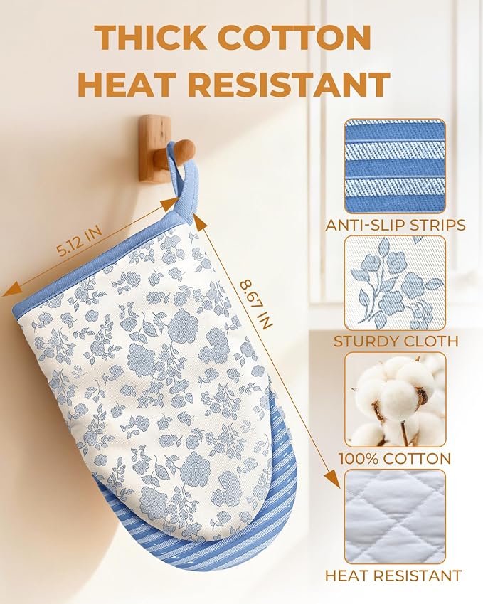100% Thick Cotton Mini Oven Mitts Silicone Grip Blue Fresh Floral | Girly Cute Oven Mitts for Women, Machine Washable, Non-Slip, Reversible Design Fits Both Hands, Stylish Kitchen Decor