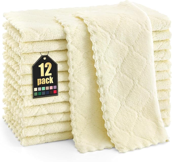 Homaxy 12 Pack Super Soft & Absorbent Dish Cloths, 10" x 10", Cream Yellow | Coral Velvet, Nonstick Oil Fast Drying Microfiber Cleaning Cloth, No Lint Household Dishcloths