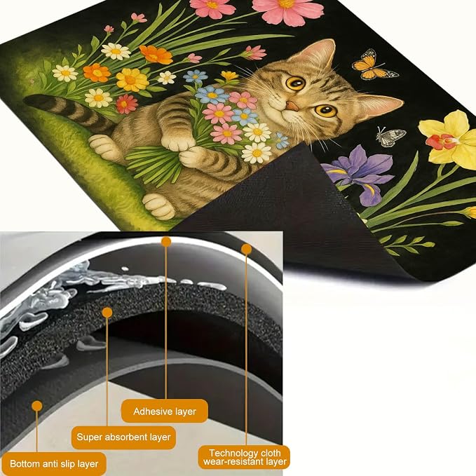 HOMETITUTE Flower Bouquet Cat Stove Top Covers for Electric Stove Cover 28x20 Inches Decorative Glass Cooktop Pad Heat Resistant Stovetop Cover Kitchen Mat for Sinks and Worktops Made with Diatomite