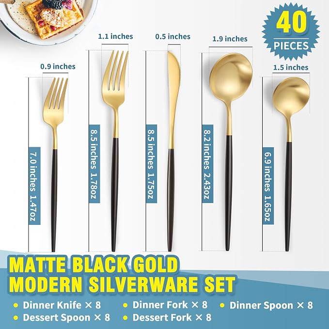 Matte Black Gold Silverware Set for 8,Modern Stainless Steel Brushed Cutlery Set,40-Pieces Heavy Duty Flatware Set,Knives Spoons and Forks Set Utensils Set, Satin Finish, Dishwasher Safe