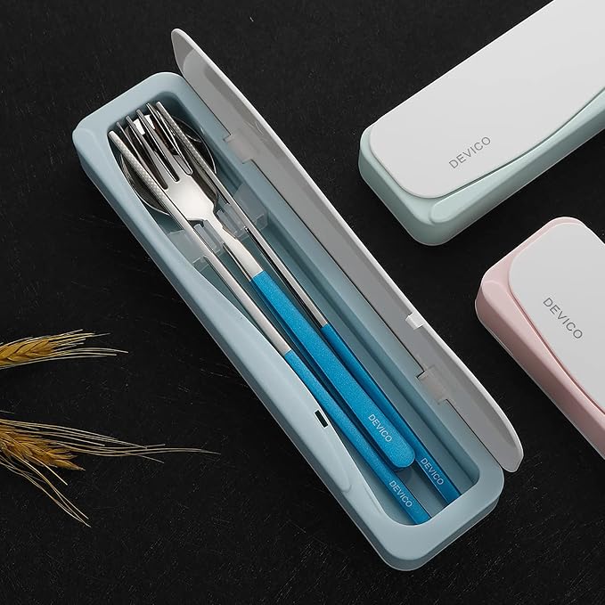 DEVICO Travel Utensils with Case, 4Pcs Portable Silverware Set for Work, 18/8 Stainless Steel Reusable Cutlery, Korean Spoon and Chopsticks Fork for Camping, School, Lunch Box Accessories (Blue)