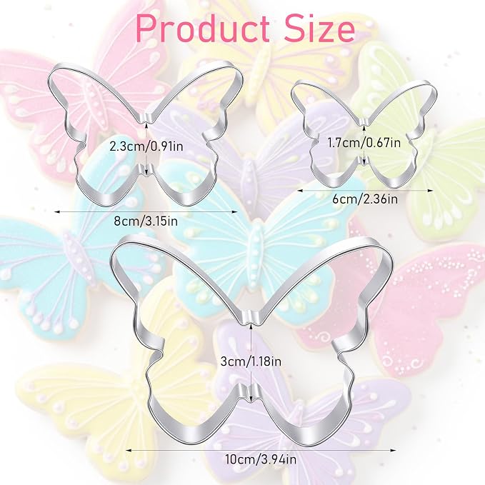 3 Pcs Butterfly Cookie Cutter Set, Stainless Steel Butterflies Shaped Baking Molds, Sandwich Cutter, Butterfly Fondant Biscuit Cutters for Biscuit, DIY Cake Craft, Pastry Decoration (3 Sizes)