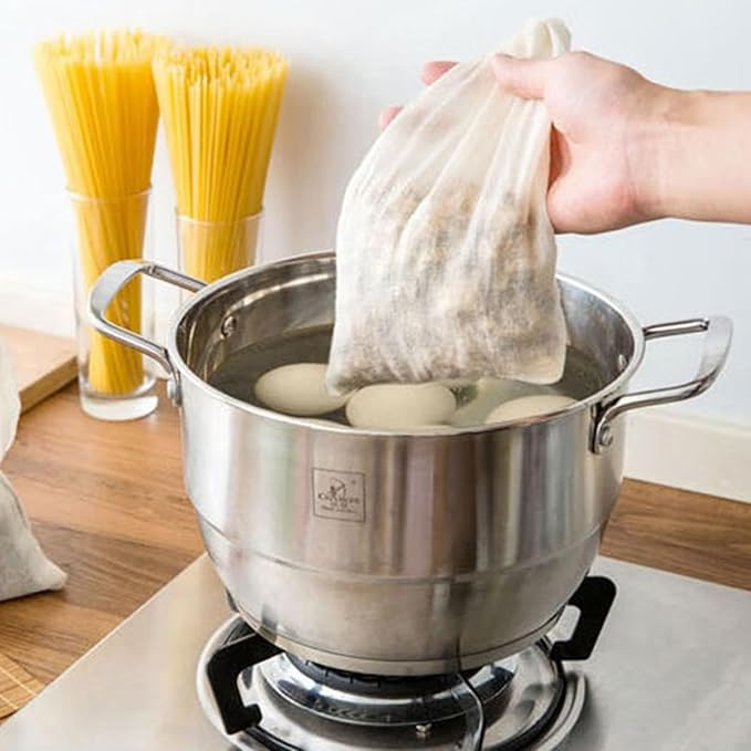 TUZAZO 24 Pcs Muslin Bags with Drawstring 6 x 8 inch, Reusable Spice Bags for Cooking Soup, Natural Cotton Unbleached Cheesecloth Bag for Straining, Bone Broth Brew Herb Sachet Bag Empty