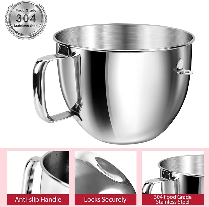 7QT Stainless Steel Mixer Bowl for Kitchenaid Stand Mixers, Kitchen Aid Mixing Bowl for 7QT Lift Mixer with Handle, Compatible with KSM70SKXXBK, Dishwasher safe