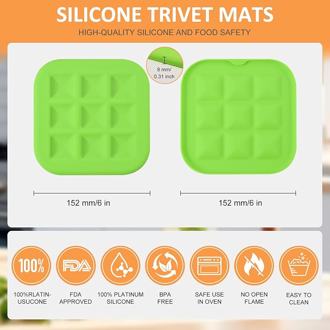 Silicone Trivets for Hot Pots and Pans, Pot Holders Hot Pads 6 Pack Silicone Mats for Kitchen Counter, Soft Durable Drying Mat, Jar Opener and Coasters (Green)