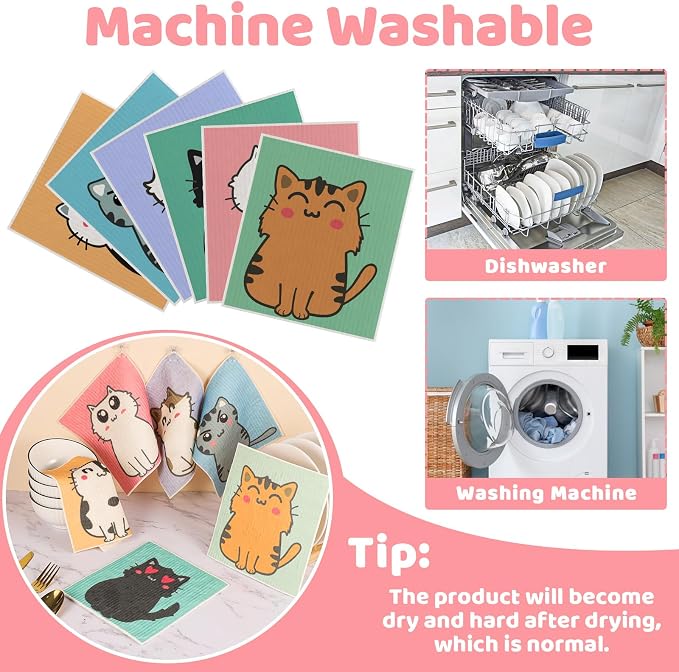 6 Pack Swedish Dishcloths for Kitchen, Cat Gifts for Cat Lovers Swedish Rag | Absorbent Dish Cloth with Adhesive Clips, Reusable Paper Towels No Odor for Countertop Sink Kitchen Cat Mom Gift for Women