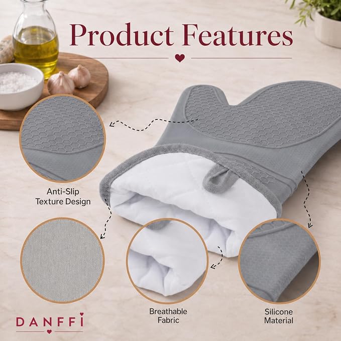 Silicone Oven Mitts and Pot Holders 6 Piece Set, Heat Resistant 500°F Extra Long Oven Gloves with Cotton Lining, Non-Slip BPA-Free Hot Pads and Pinch Mitts for Baking BBQ Cooking (Gray)
