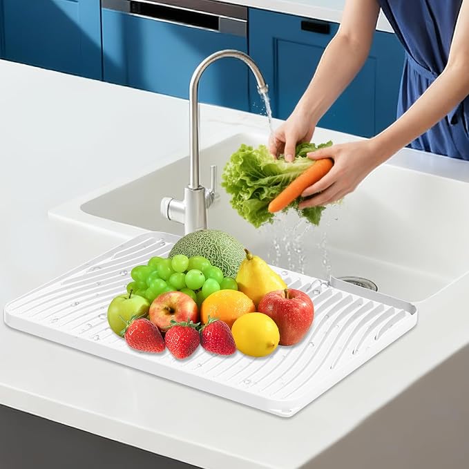 Silicone Dish Drying Mat for Kitchen counter | 15.8"x13" Dish Drainer Mat,Heat-Resistant Kitchen Counter Mat & Over-Sink Drying Tray,Can Be Hung, Ivory