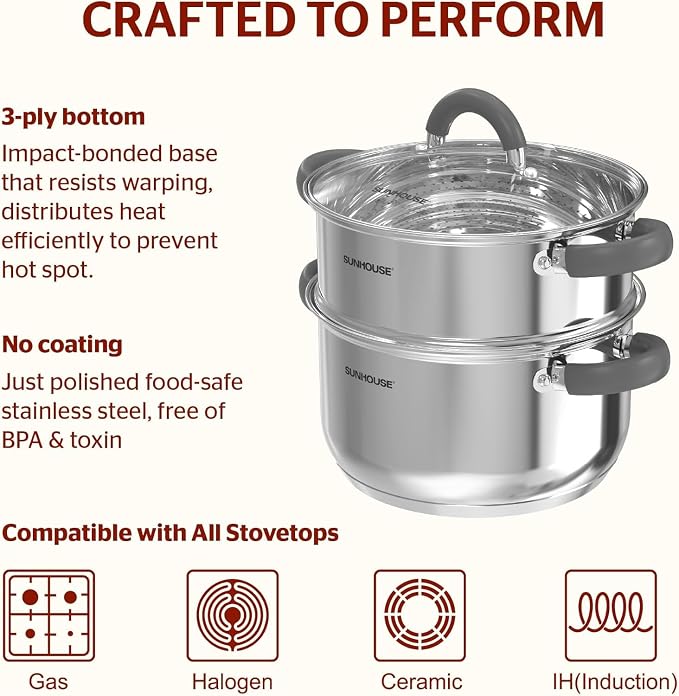 SUNHOUSE 3-Quart Stainless Steel Steamer Pot for Cooking | Steaming Pot with Glass Lid & Steamer Basket - 2 Tier Tri-ply Stovetop Steamer For Vegetable, Veggie - Induction Compatible